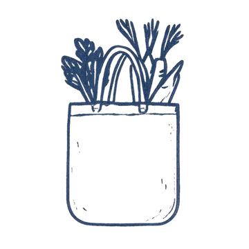 Line drawing of a paper grocery bag filled with bread and vegetables