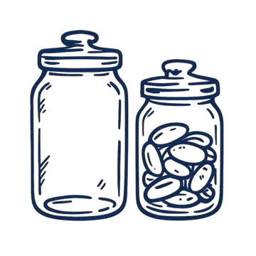 Line drawing of a pantry shelf stocked with jars and tins